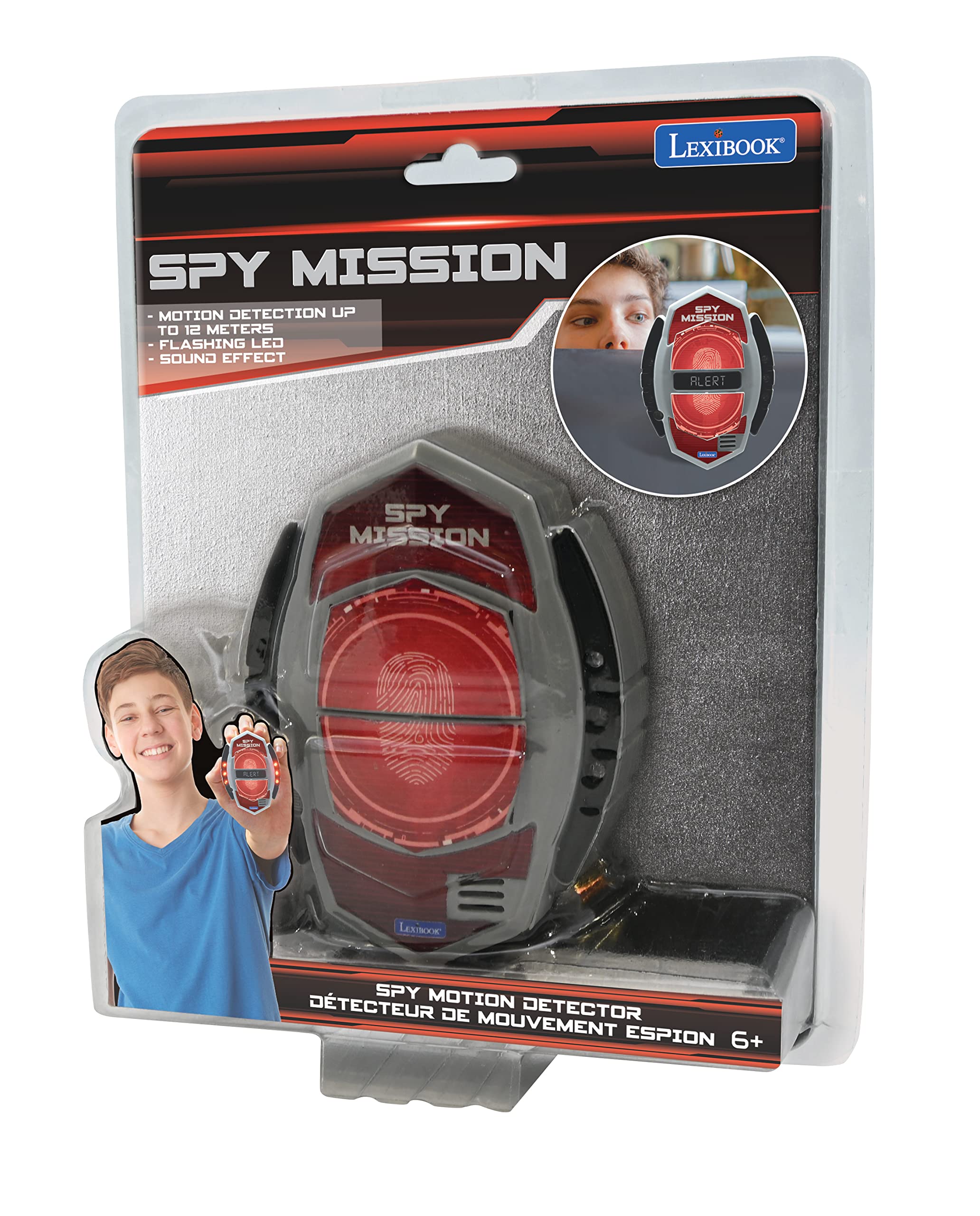 LEXiBOOK - Spy Mission, Spy Motion Detector with Alarm, Light Effects, Detection up to 30 Centimeters, Black/red, RPSPY05