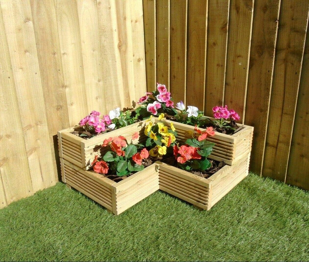 2 Tier Corner Garden Wooden Decking Planter Plant Pot Steps Herb