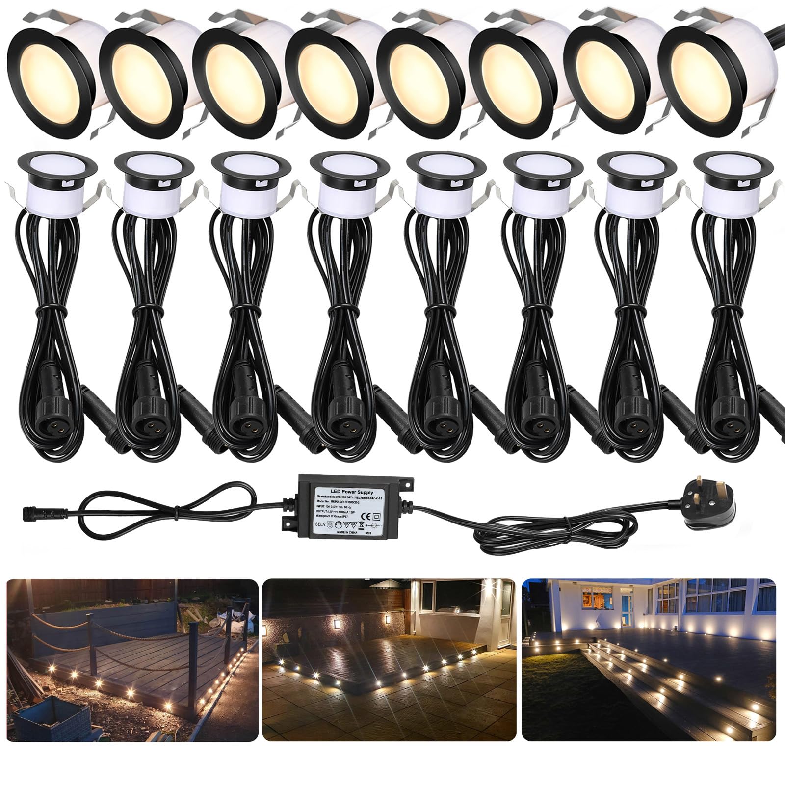 LED Decking Lights Warm White,Ø31MM Lighting Recessed LED Deck Light Kits IP67 Waterproof 12V Low Voltage Plinth Light Kits for Terrace/Patio/Path/Deck/Garden-16 Pack