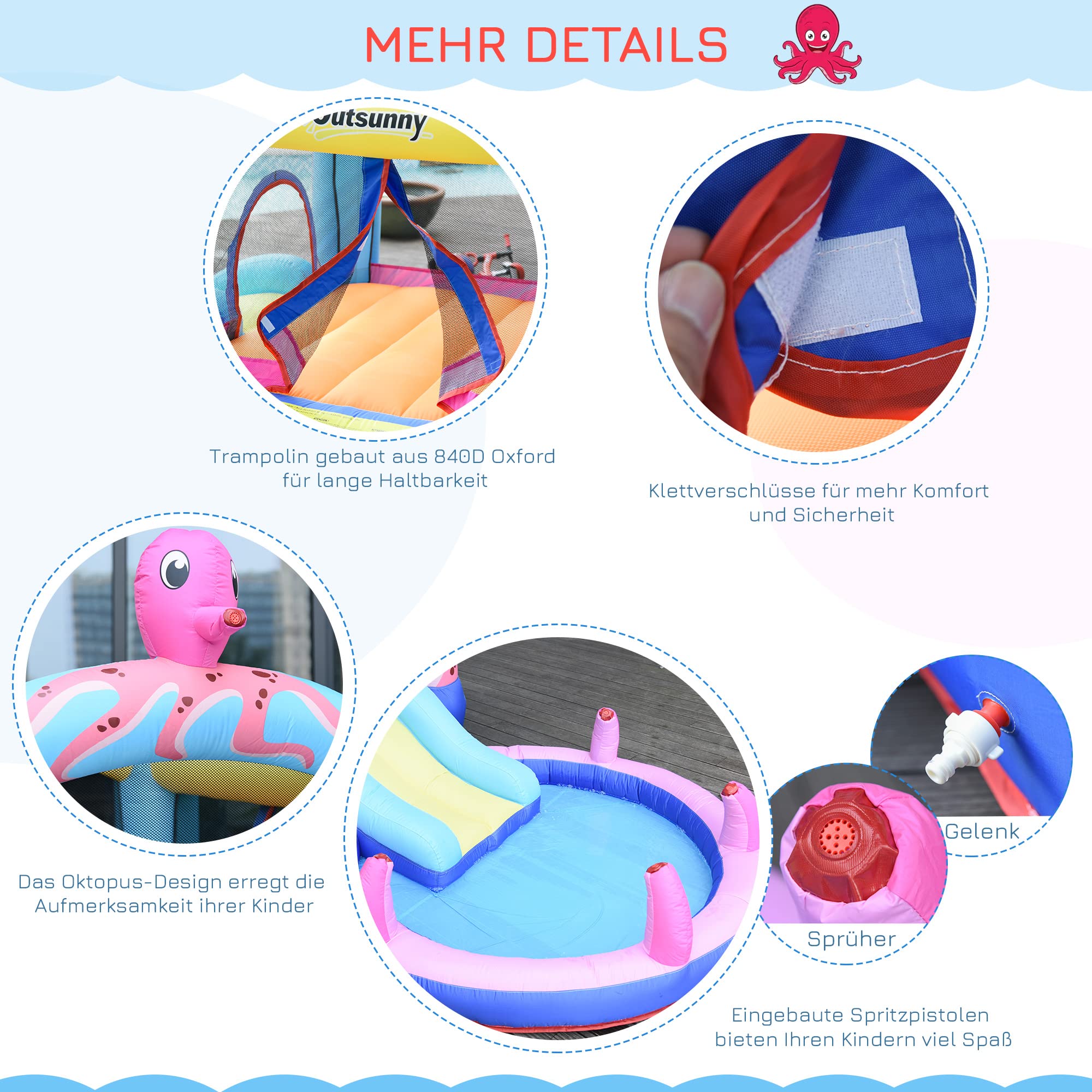 Outsunny Aufblasbare Hüpfburg mit Rutsche Springburg Spielburg Wasserpark für Kinder Trampolin aufblasbar Wasserrutsche Pool für 3-8 Jahre Oktopus-Muster Oxfordstoff 360 x 175 x 180 cm 6