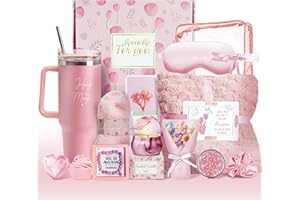 DERIIBRICO 15PCS Birthday Gifts for Women, Relaxing Spa Basket With Luxury Flannel Blanket and 40 oz Tumbler - Care Package for Her, Mom, Wife, Friends - Valentine's, Mother's Day, Christmas