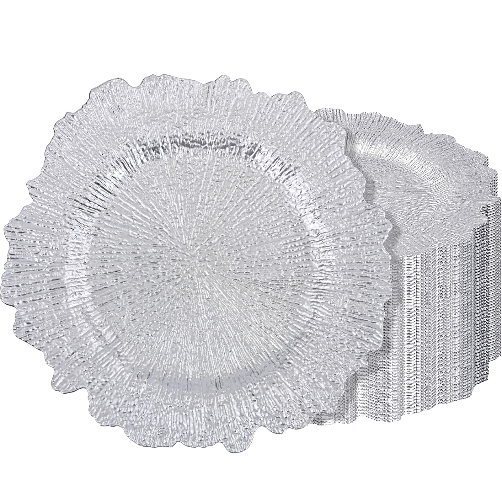 Photo 1 of XLEUDTER 50 Pack Silver Charger Plates, Reef Plate Chargers for Dinner Plate, 13'' Round Plastic Table Chargers for Wedding, Party, Event, Dinner, Table Setting, Tabletop Decor