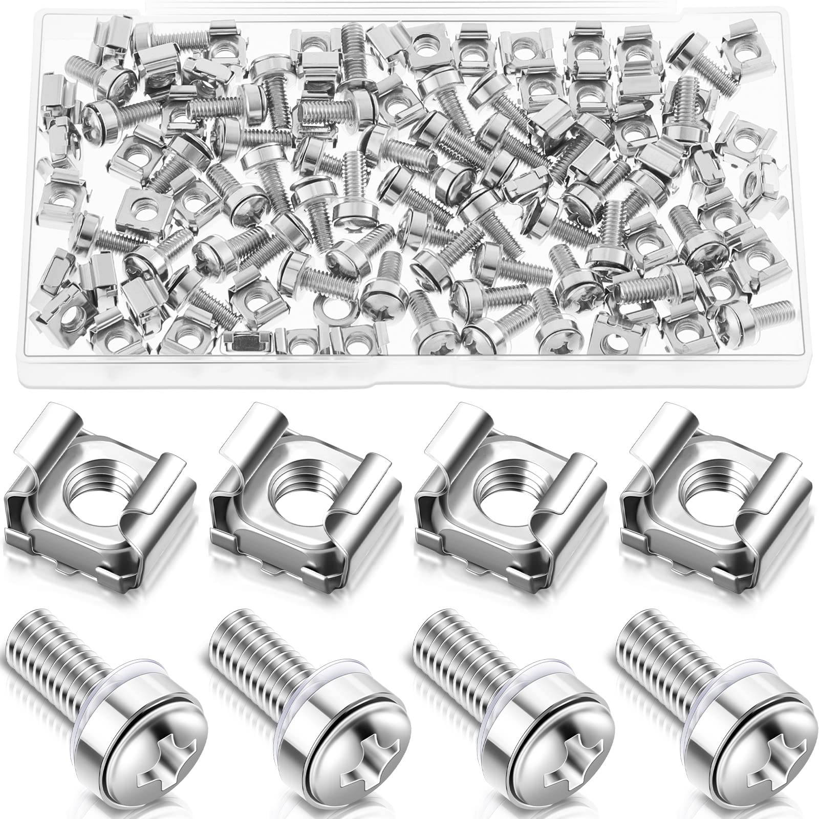 Photo 1 of 100 Sets M6 x 20 mm Rack Mount Cage Nuts, Screws and Washers for Rack Mount Server Cabinet Stainless Steel Silver Mounting Screws and Square Insert Nuts for Server Mounting Routers Shelves