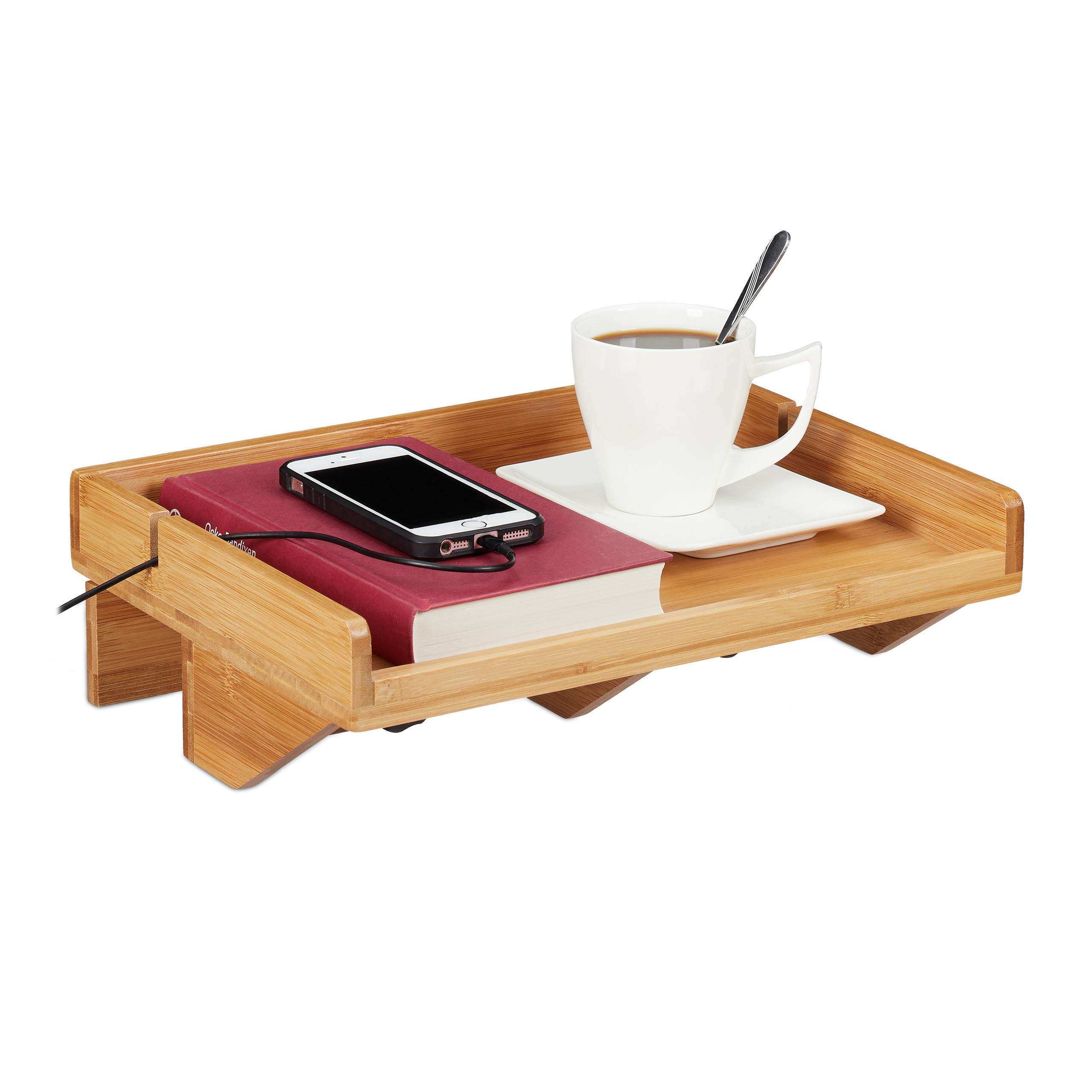 Relaxdays Bed Shelf, Mini Clip-On Bedside Table, Made of Bamboo, Space-Saving, Cable Slots, Shelf BT 33 x 24 x 9 cm, Natural