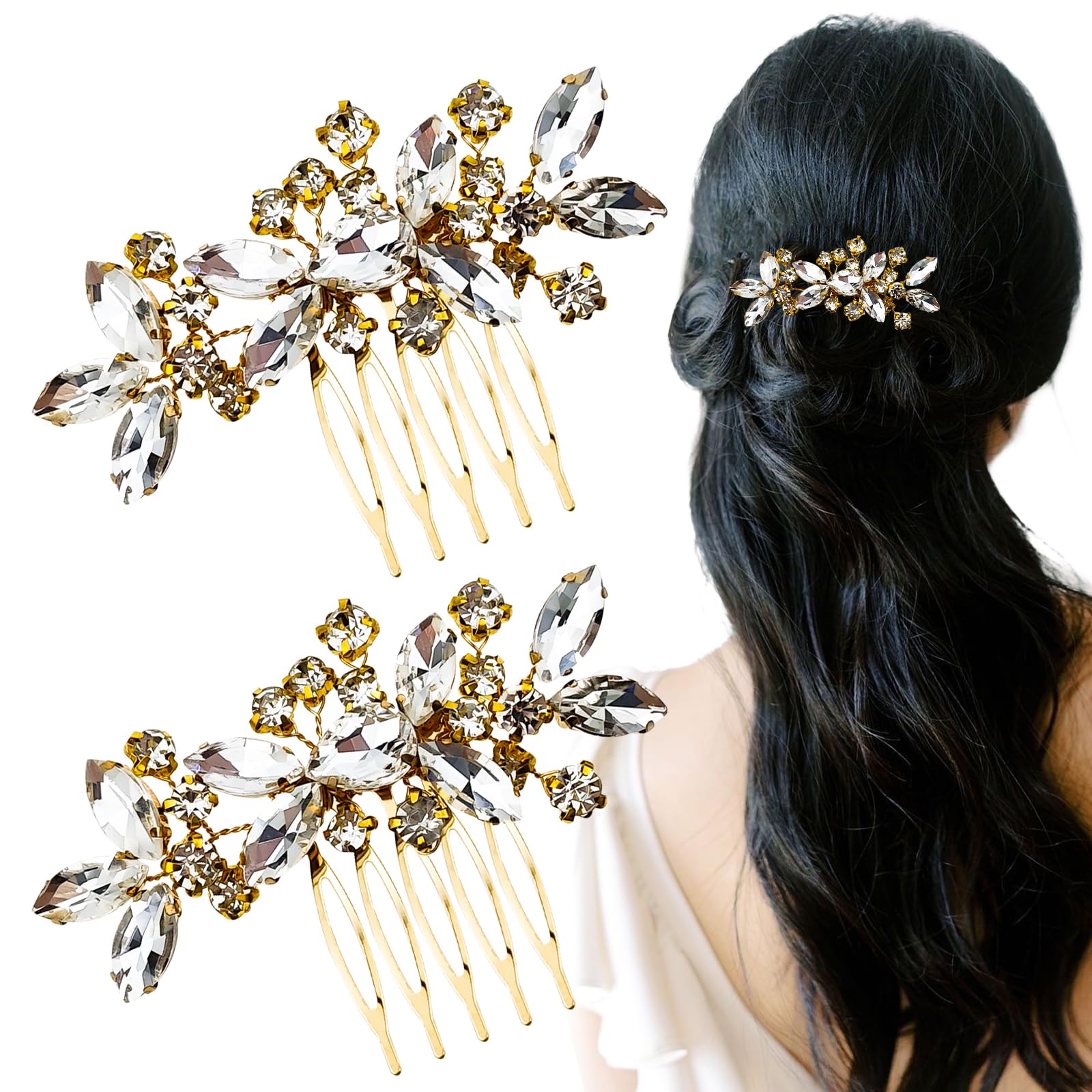 Photo 1 of 2PCS Gold Rhinestone Hair Combs, Clear Crystals Wedding Metal Hair Combs, Sparkly Crystal Bridal Hair Accessories for Bridesmaids Women Girls