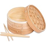 Authentic Chinese Bamboo Food Steamer with Aluminum Rims and 2 Tongs - 2-Tier and 10 inch diameter - 2" Deep Wooden Baskets Bamboo - Perfect for Food Cooking
