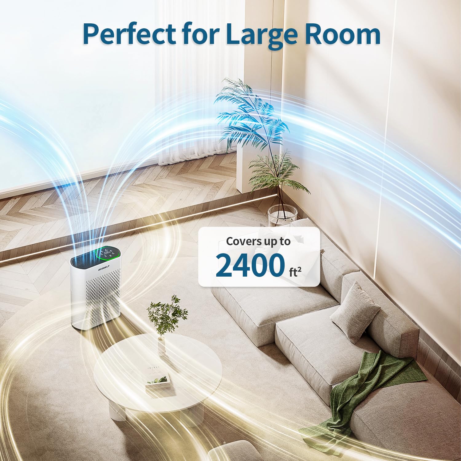 Powerful Air Purifiers for Home Large Room Up to 2400 Ft², ECOSELF HEPA Air Purifier with PM 2.5 Air Quality Display 20dB Sleep Mode, Air Purifiers for Bedroom Office Living Room HAP602 White