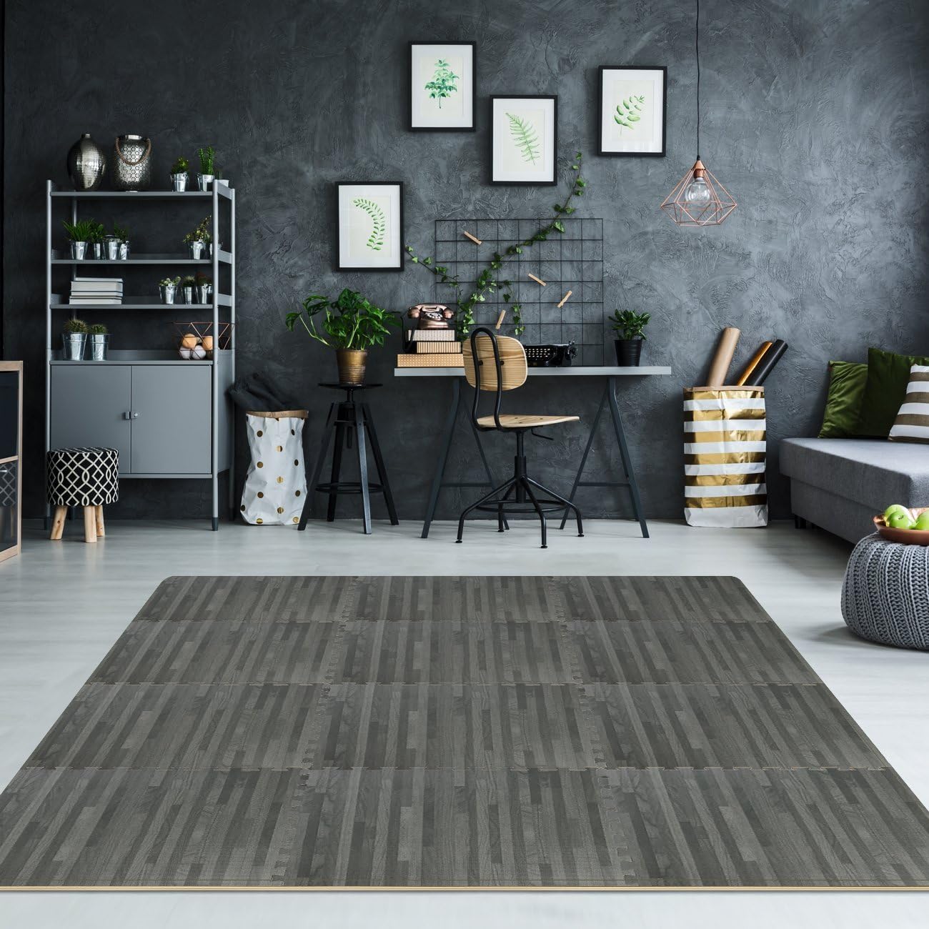 Sorbus Wood Floor Mats Foam Interlocking Wood Mats Each Tile 4 Square Feet 3/8-Inch Thick Puzzle Wood Tiles with Borders – for Home Office Playroom Basement (12 Tiles 48 Sq ft, Wood Grain - Gray) : Sports & Outdoors