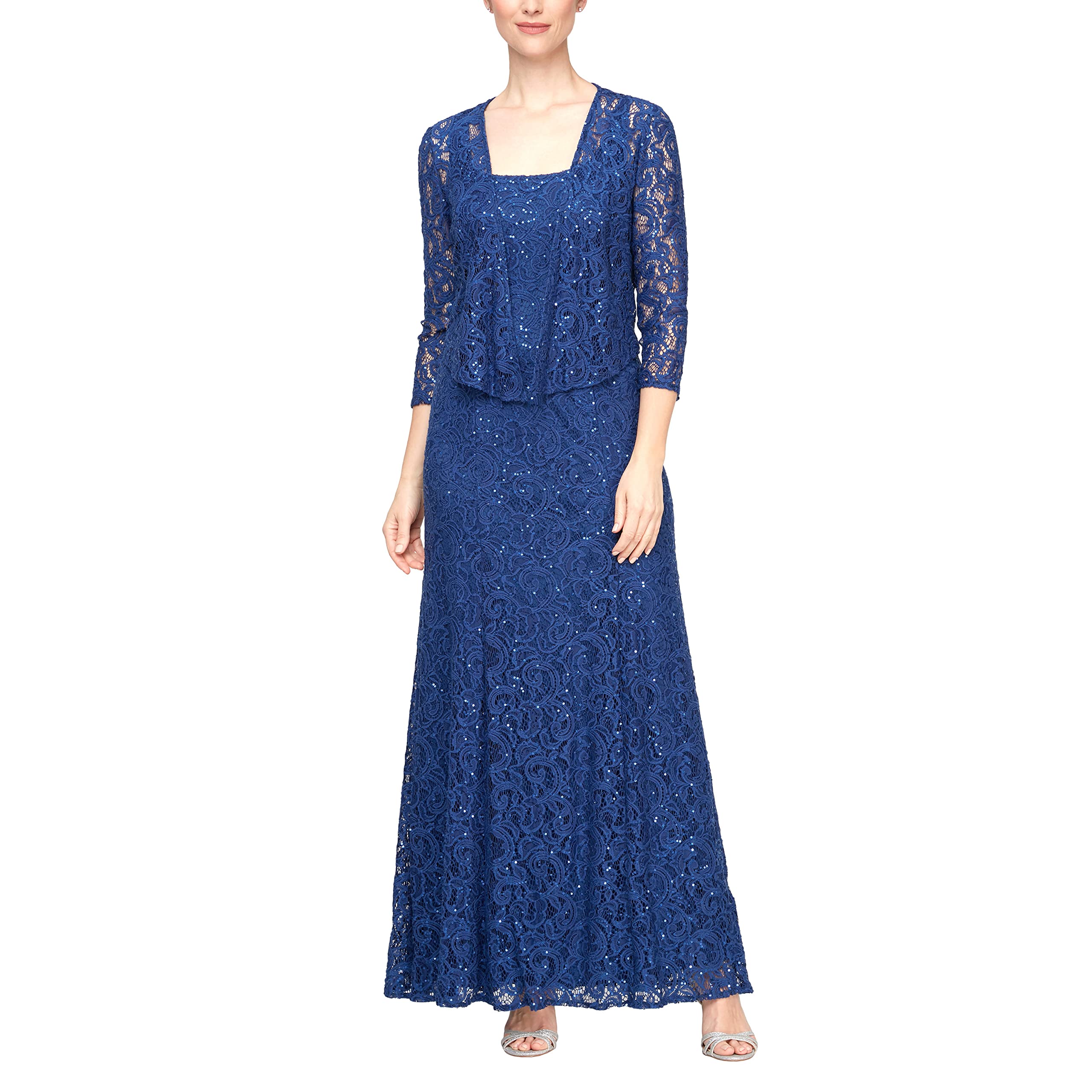 Alex Evenings Women’s Long Mother of the Bride Sequin Lace Jacket Dress with Illusion Sleeves (Petite and Regular Sizes), Royal, 8