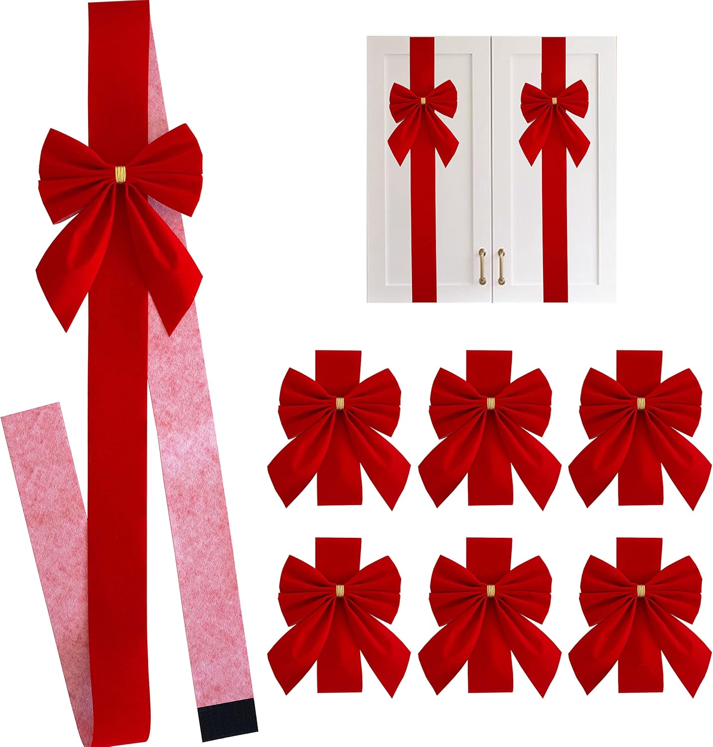 Bows & Ribbons - Ruwen 6 PCS Christmas Red Velvet Cabinet Door Ribbon and Bows, Thick Velvet Bow for Cabinets Furniture and Kitchen Christmas Party Decorations (red) (rw-052)