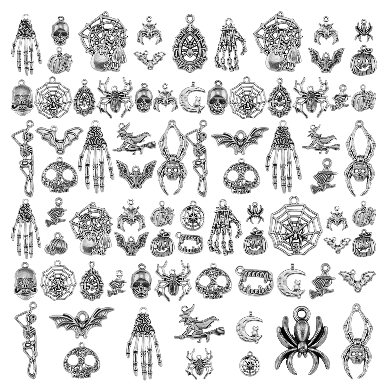 Photo 1 of WEWAYSMILE 80Pcs Halloween Charm Pendant Antique Silver Bat, Spider Witch, Skull Mixed BulK Halloween Charm for Jewelry Making DIY Necklace Bracelet Earring Accessories