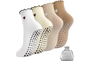 4 Pairs Pilates Grip Socks for Women Cute Yoga Pilates Grip Socks Ruffle Non Slip Sock Crew Athletic Sock for Home Gym Ballet