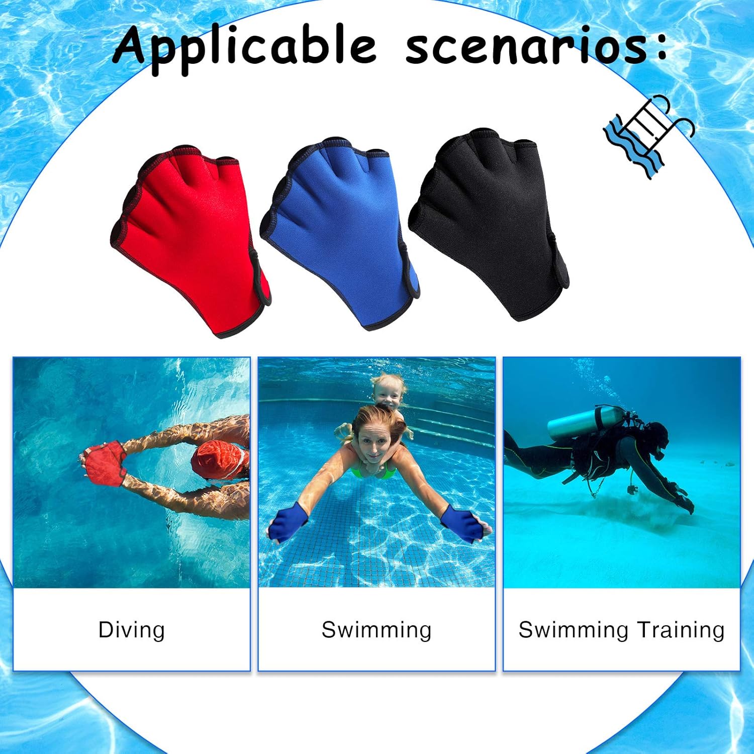 Skylety 3 Pairs Aquatic Gloves Swimming Training Gloves Large Webbed Swim Gloves Fingerless Water Resistance Paddle Gloves for Men Women Diving Surfing Fitness, 3 Colors : Sports & Outdoors