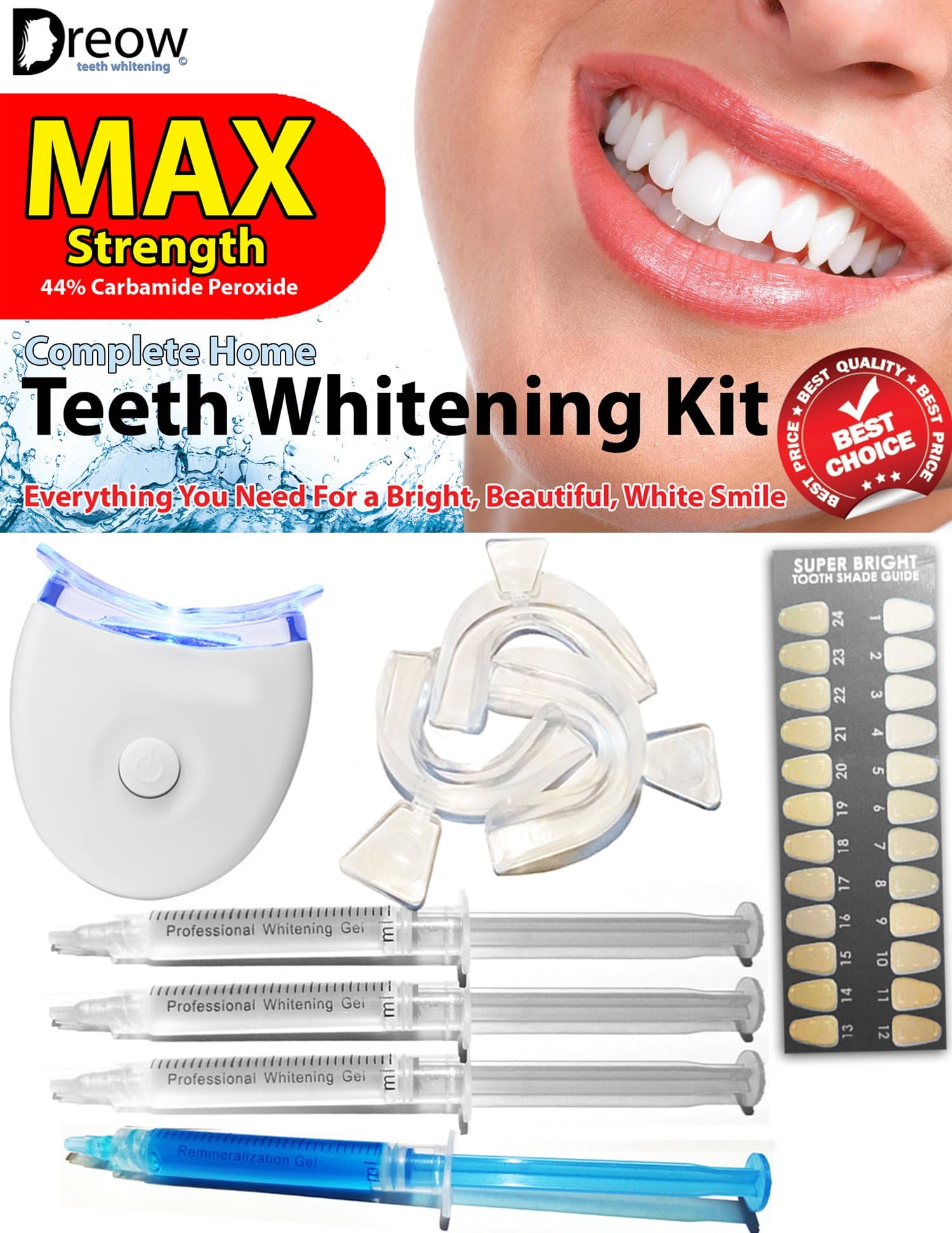 ★ Teeth Whitening Kit Max Strength 44% ★ J00442 by DREOW with FREE Remineralizing Gel Syringe, 3 x Powerful Dental Grade Carbamide Peroxide Syringes, 3 x Thermoform Mouth Trays