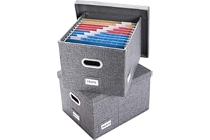 PRANDOM File Organizer Box - Set of 2 Collapsible Decorative Linen Filing Storage Hanging File Folders with Lids Office Cabin