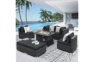 NICESOUL® 29.3'' High Back PE Rattan Patio Furniture Sectional Sofa Sets with Natural Gas Propane Fire Pit Table, 7 Pcs Modern Luxury Extra Large Size Outdoor Wicker Conversations Gray