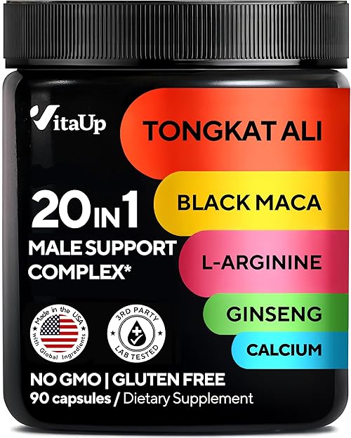 VitaUp Tongkat Ali for Men 20 in 1 with Astragalus - USA Made Mens Supplement Complex with Black Maca Root, L-Arginine, Ginseng, Calcium, Astragalus for Normal Strength & Endurance Support - 90 Caps