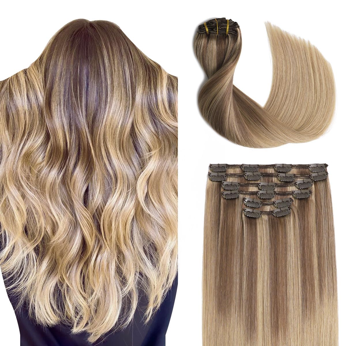 Clip in Hair Extensions Human Hair Balayage Golden Brown to Light Blonde 16 Inch 100g 6pcs Clip in Extensions Thick Extensions #10/16/16 16" — image 1