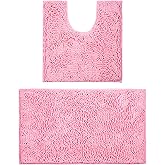 LanYunUmi Pink 2 Pieces Bathroom Rugs, Ultra Soft Non Slip Absorbent Chenille Toilet Bath Mat Set Rugs for Slip-Resistant Shag Extra and Rug Shower Room Machine-Washable (Pink, 20"x32"+20"x20"U)