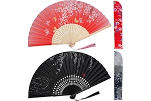 Jmkcoz Handheld Folding Fans Floral Hand Held Fans Silk Bamboo Fans with Tassel Chinese Japanese Hand Foldable Fan with Fabric Sleeve for Dancing Wedding Party Props Decoration (2, Black & Red)