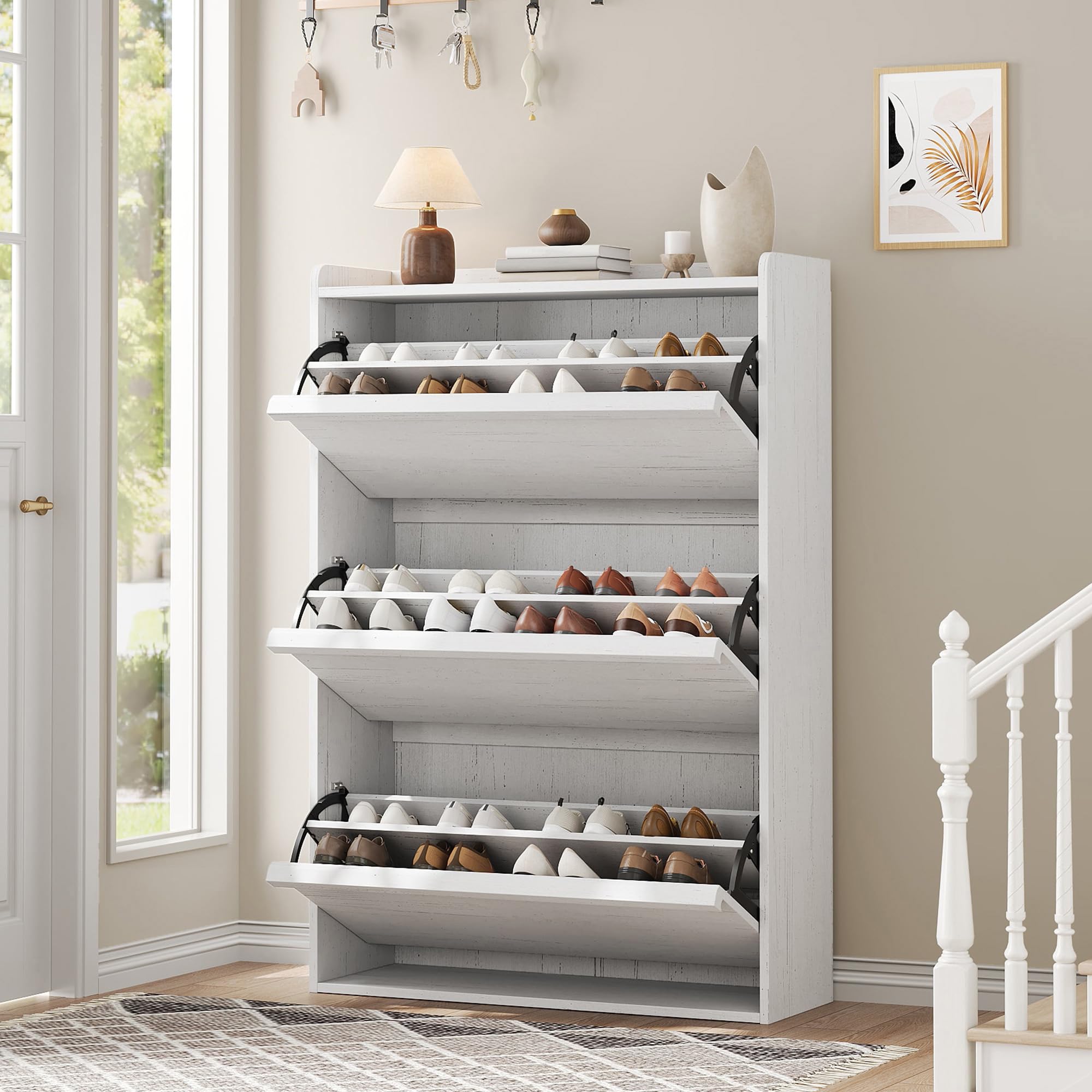 Photo 1 of ***MISSING HARDWARE***
GarveeHome Shoe Cabinet with 3 Flip Drawers, Wooden Shoe Organizer with Adjustable Shelf, Shoe Storage for Entryway, Hidden Shoe Cabinet for Hallway, Living Room, White