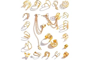 KISS WIFE 22Pcs Golden Ear Cuffs Earrings for Women Non Piercing Lightweight, Adjustable Hypoallergenic Fake Clip On Cartilage Butterfly Chain Twist Helix Leaf Wrap Earrings Set, Trendy Jewelry