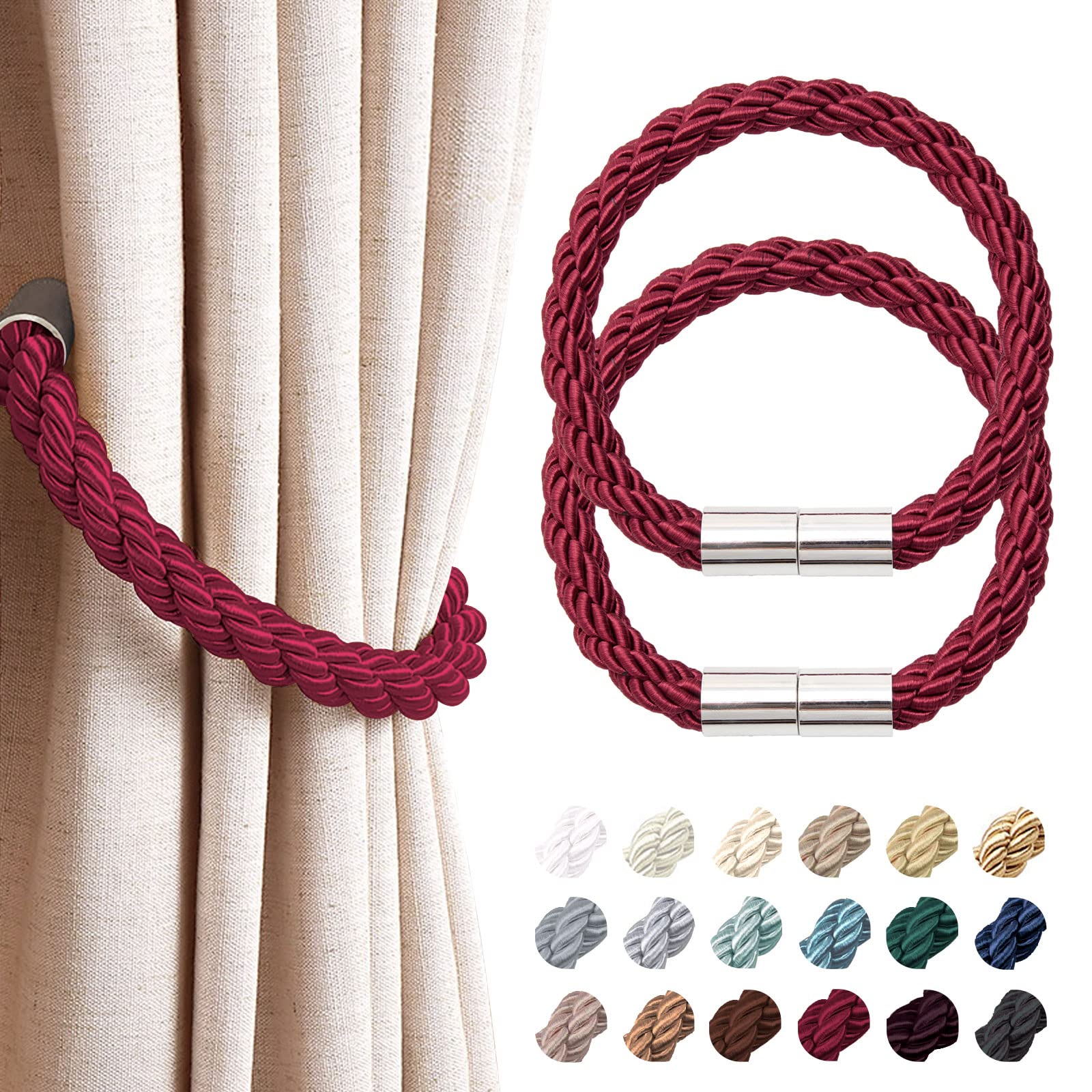 Pretty Jolly 2 Pack Strong Magnetic Curtain Tiebacks Modern Simple Style Drape Tie Backs Convenient Decorative Weave Rope Curtain Holdback for Thin or Thick Home & Office Window Drapery (Wine Red) — image 1