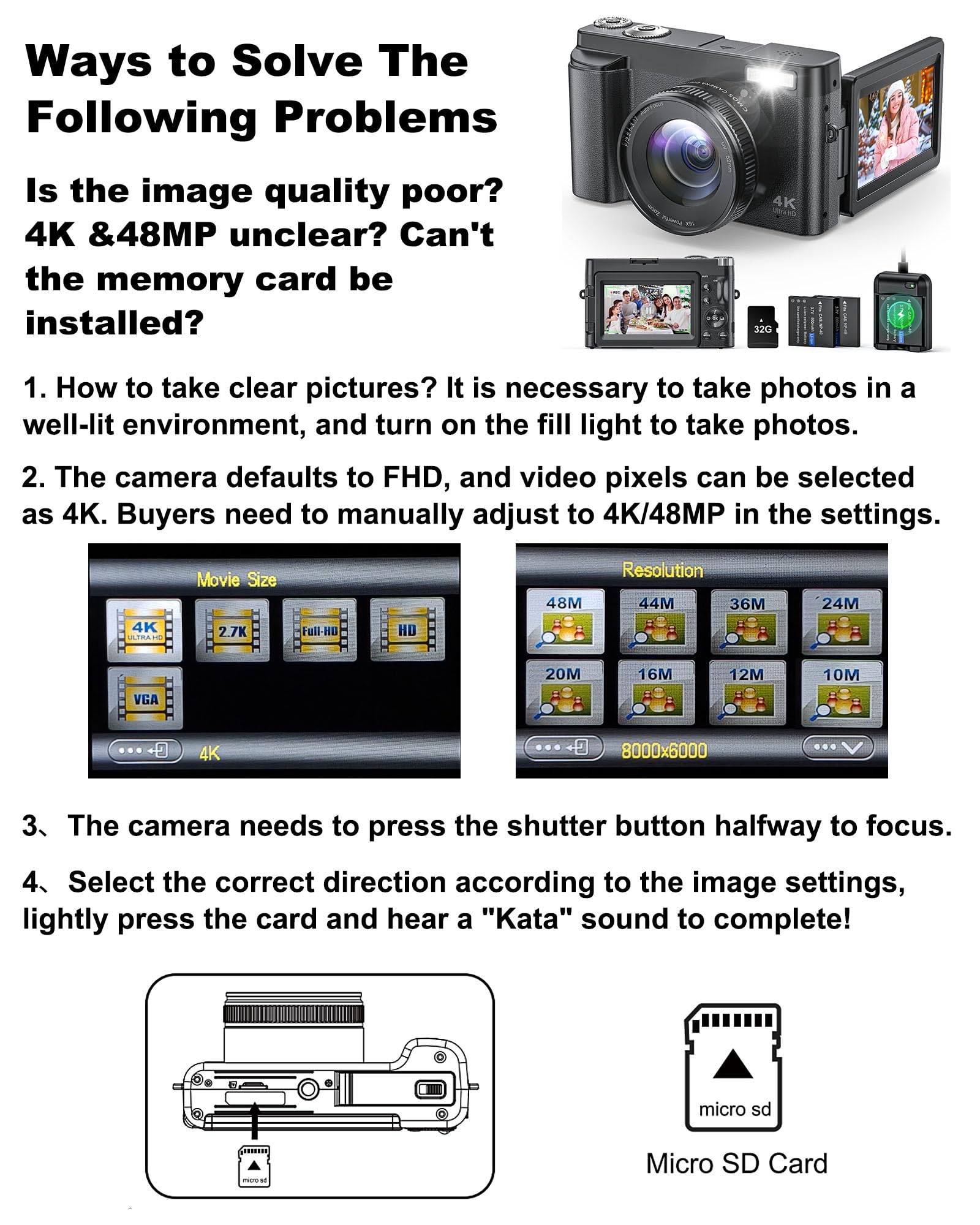 4K Digital Camera for Photography and Video, Autofocus Anti-Shake 48MP Vlogging Camera for YouTube, 3'' 180°Flip Screen Camera with Flash 16X Zoom, Digital Camera with 32GB Card Battery Charger Black