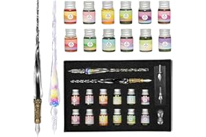 ESSSHOP Glass Dip Ink Pen Calligraphy Set - 17 Pcs Kit with Rainbow Crystal Pen Retro Carving Glass Pen 2 Replacement Nibs 12 Inks for Signatures Gift Cards Writing Calligraphy Beginners