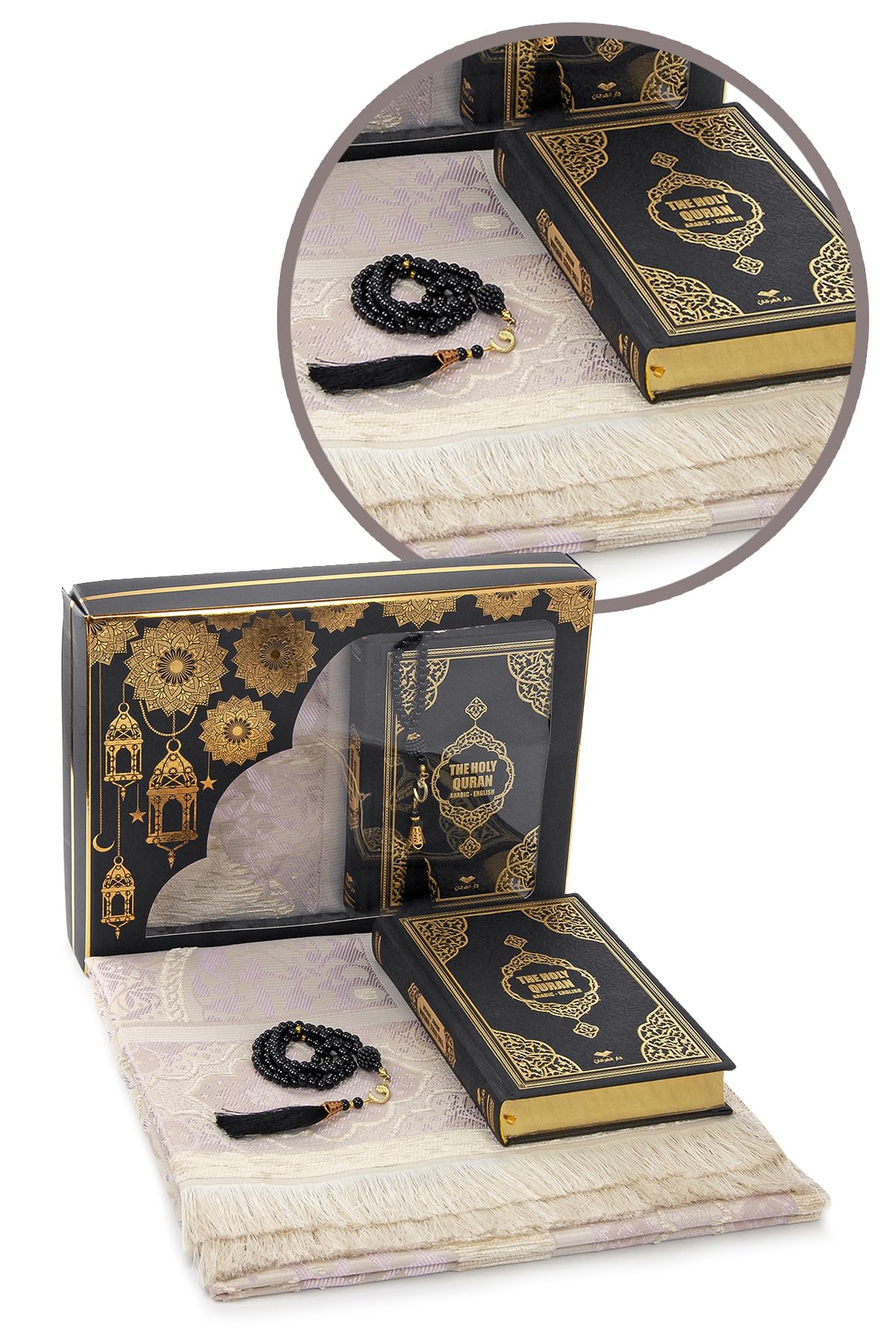 ihvan online, Islamic Prayer Gift Set, 99 Pearly Prayer Beads Tesbih, Holy Quran with English Translation, Muslim Prayers Rug, Prayers Mat Islam, Luxury Gifts Set for Hajj, Umrah, Ramadan, Black/Box1