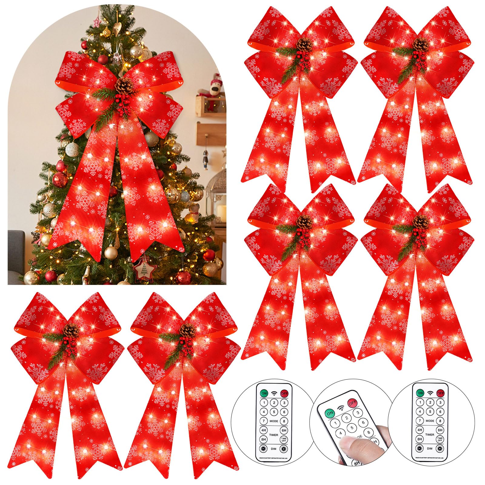 Photo 1 of 6 Pcs Pre  Christmas Bow Decoration Christmas Wreath Bows LED Xmas Bows with Timer Big Red Bow Lighted Christmas Tree Toppers for Indoor Outdoor Holiday Decor, 8 Light Functions (Snowflake)
