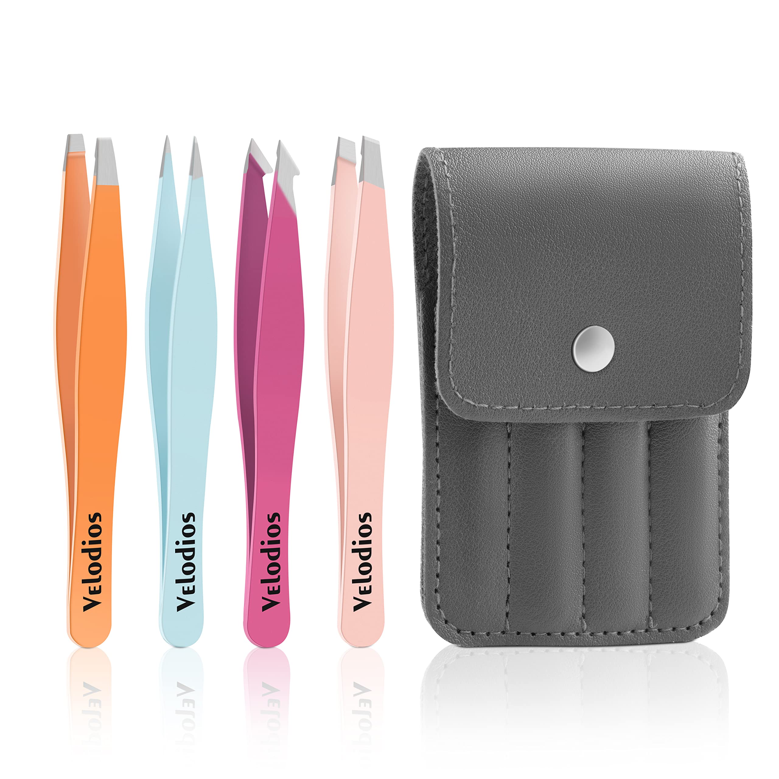 Velodios Professional Eyebrow and Facial Hair Tweezers - Pointed & Slant for Splinter Removal - 4Pack Stainless Steel Set