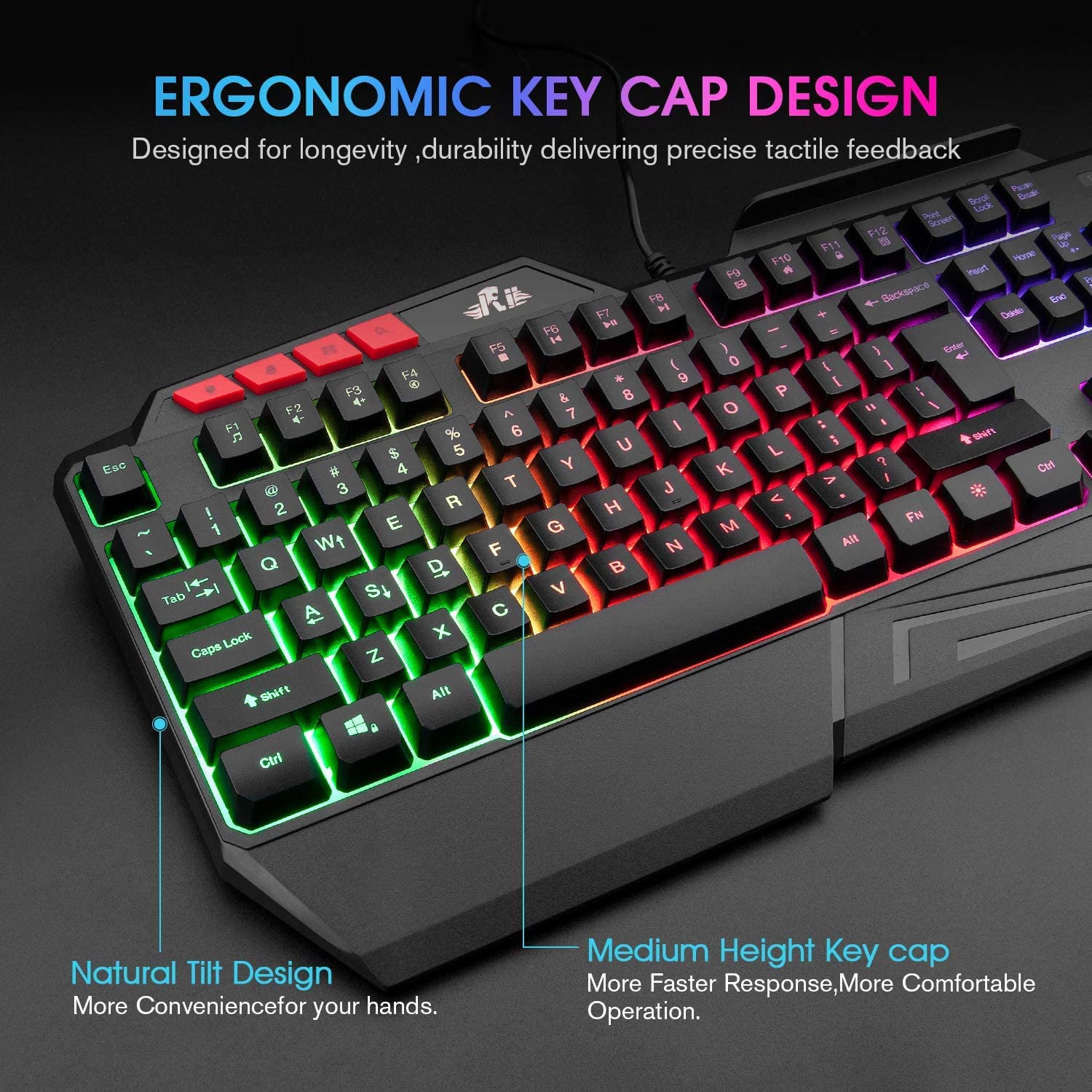Rii RK202 RGB Gaming Keyboard Multiple Color Rainbow LED Backlit USB Wired Gaming Keyboard with Wrist Rest for Windows & Mac PC Gamers (Black)