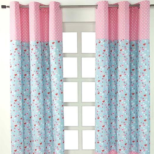 Homescapes Kindervorhang Mädchen Kinderzimmer Ösenvorhang Fensterdekoration Vögeln und Blumen 2 Stücke pink blau 100% reine B