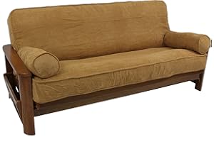 Blazing Needles Solid Microsuede Double Corded 8" to 9" Futon Cover Set with 2 Bolster Pillows (Set of 3), Full, Camel