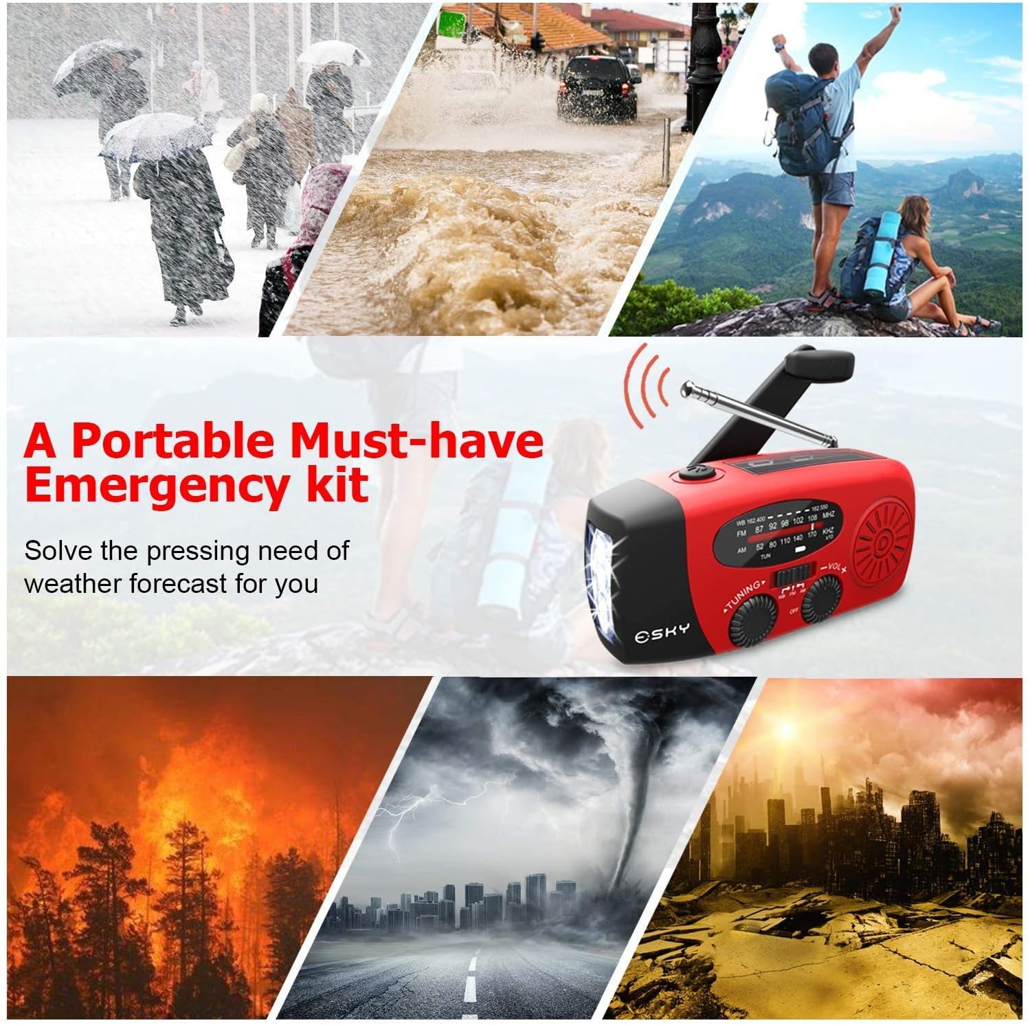 [Upgraded Version]Emergency Radio, Esky 3W LED Flashlight Hand Crank Radio, Self Powered AM/FM NOAA Weather Radio, Portable Solar Radio 1000mAh Power Bank USB Charger for iPhone/Smart Phone (Red): Electronics