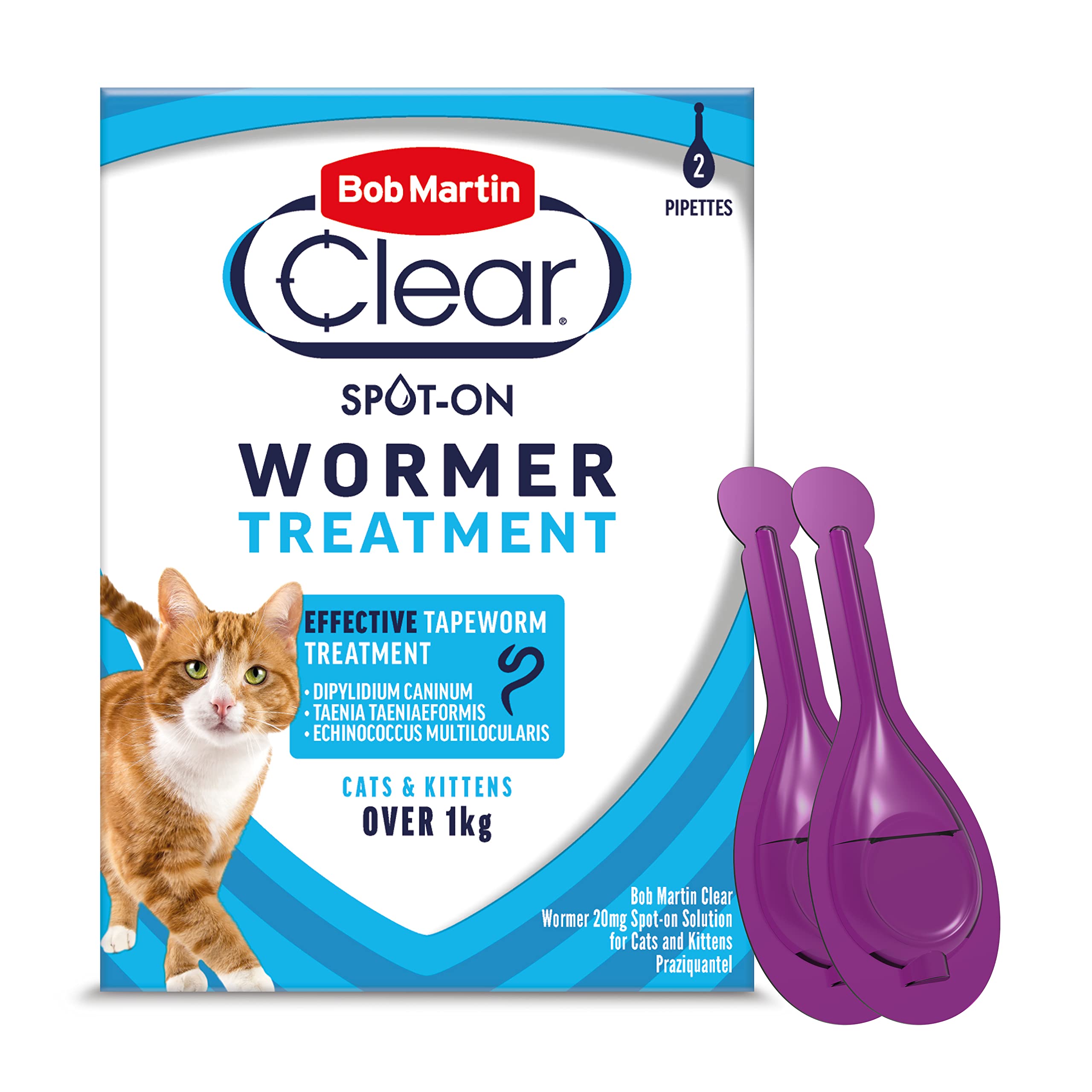 Bob Martin Clear Spot On Wormer for Cats & Kittens - 100% Effective Tapeworm Treatment (2 Pipettes)