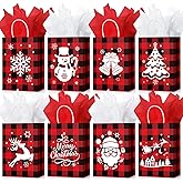24 Pcs Buffalo Plaid Bags with Tissue Paper, Merry Christmas Santa Claus Kraft Paper Goodie Bags with Handles - Bulk for Christmas Party Supplies