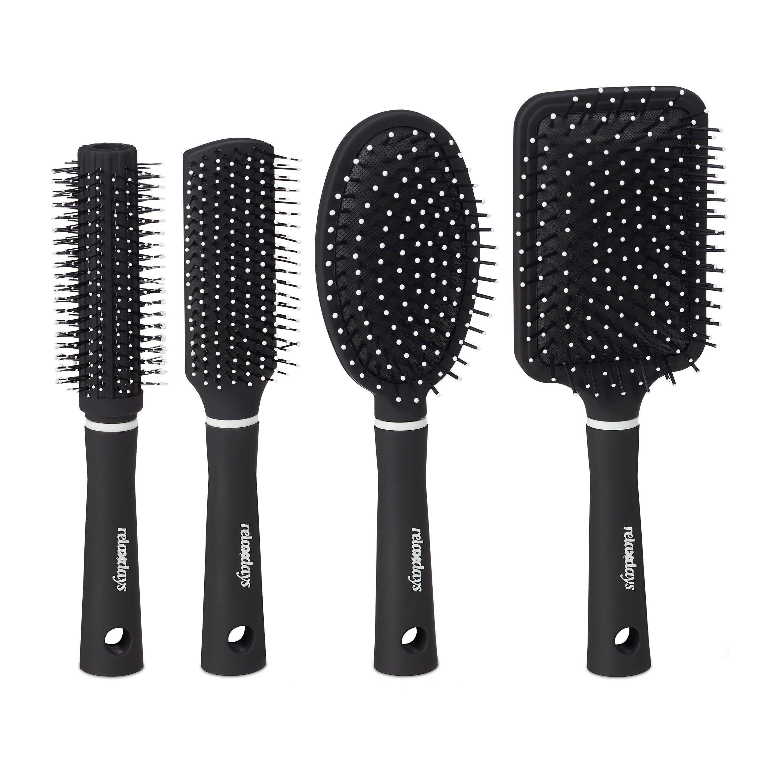 Relaxdays Hairbrushes Set of 4, Travel Bag, Round, Rectangular, Paddle, Detangle