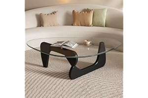 DESYIFO Small Coffee Table Black Glass Coffee Table for Living Room, Mid Century Modern Coffee Table, Wood Rustic Coffee Table with Wood Base, Funky Unique Center Table, Mesas de Centro para Sala