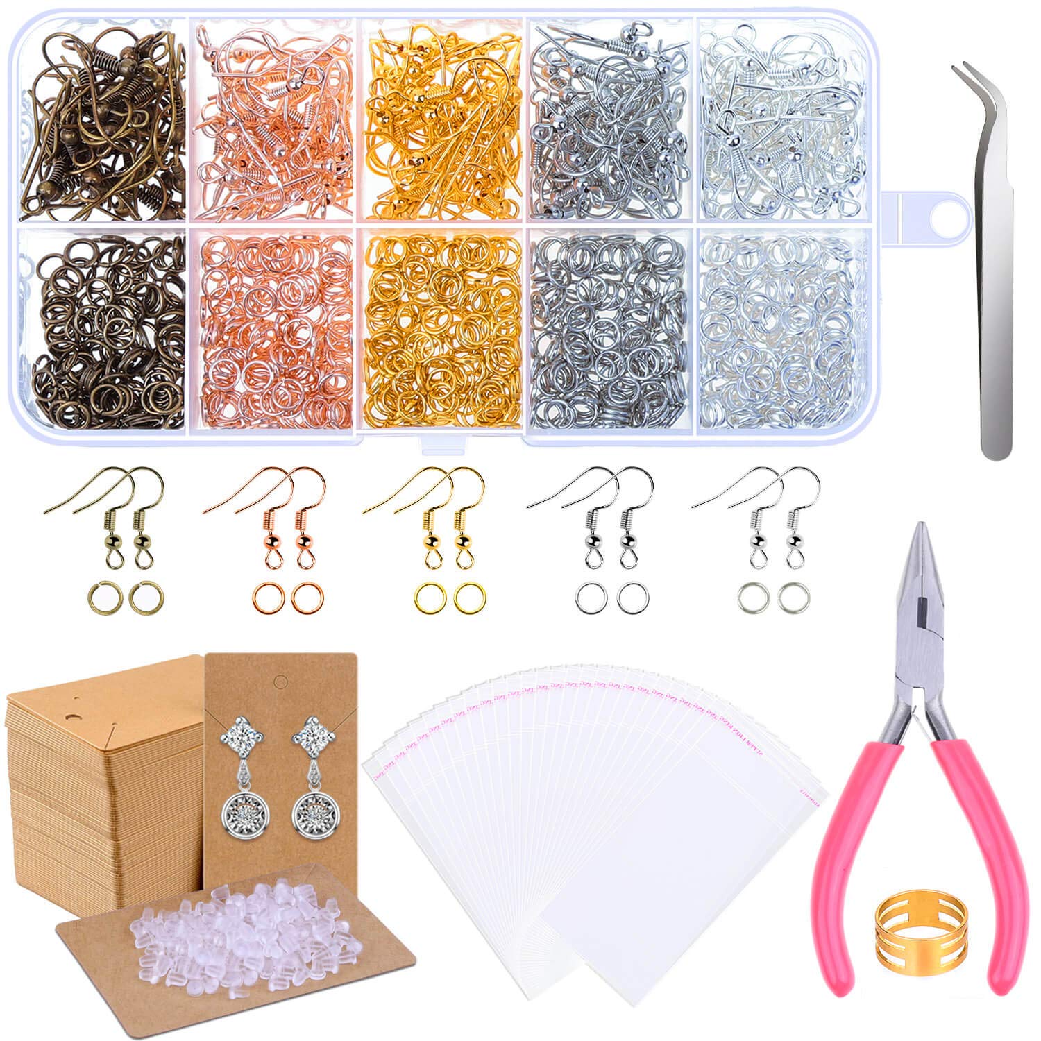 Paxcoo Earring Making Kit, 1350pcs Supplies with Hooks, Rings, Pliers, Backs, Cards & Bags for DIY Earrings, Adults