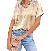 Zeagoo Womens Satin Blouse Short Sleeve Silk Tops Button Down Shirts Business Casual Outfits