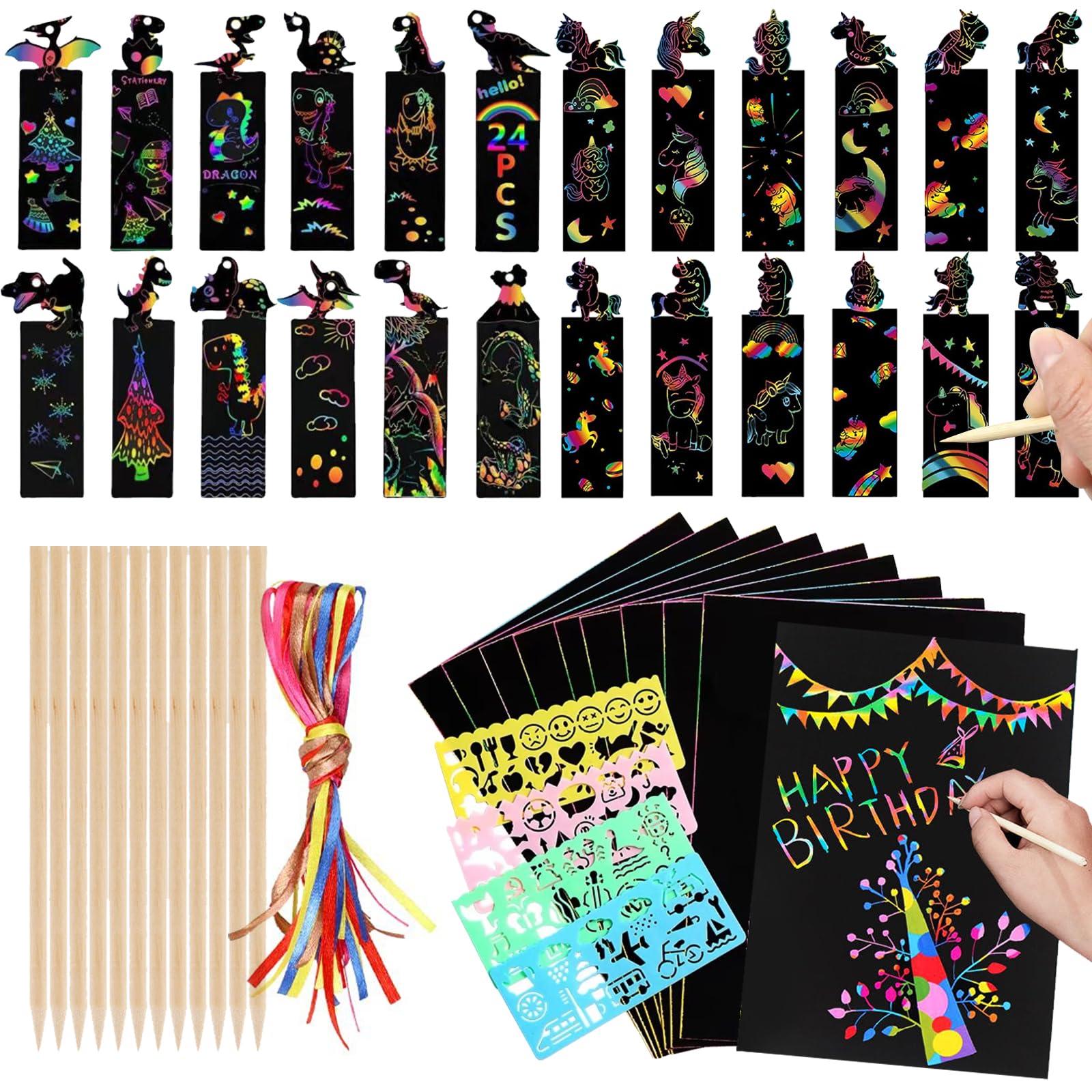 TYXHXTF Scratch Art for Kids, 24 Pcs Magic Rainbow Bookmarks with Stylus and Ribbons, 10 Pcs A4 Scratch Art Paper with 4 Stencils, Party Bag Fillers for Children, DIY Craft Kits