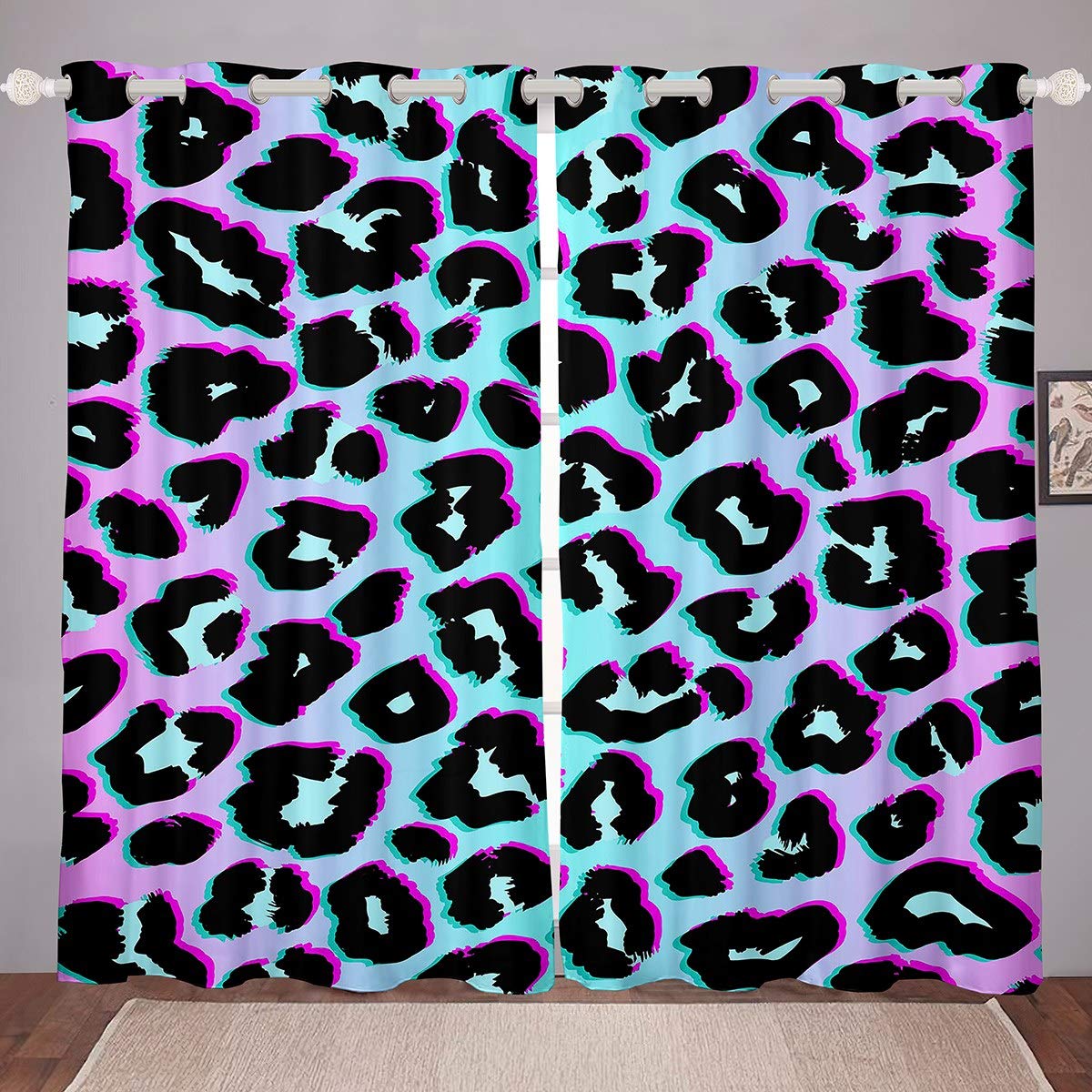 Loussiesd Leopard Thermal Curtain Blue Purple Gradient Blackout Curtain for Bedroom Luxury Leopard Print Room Darkening Curtain for Women Adults Stylish Blackout Drapes,W46*L54