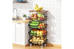 5 Tier Vegetable Fruit Basket for Kitchen, Stackable Metal Fruit and Vegetable Storage Baskets with Rolling Wheels Cart, Pant