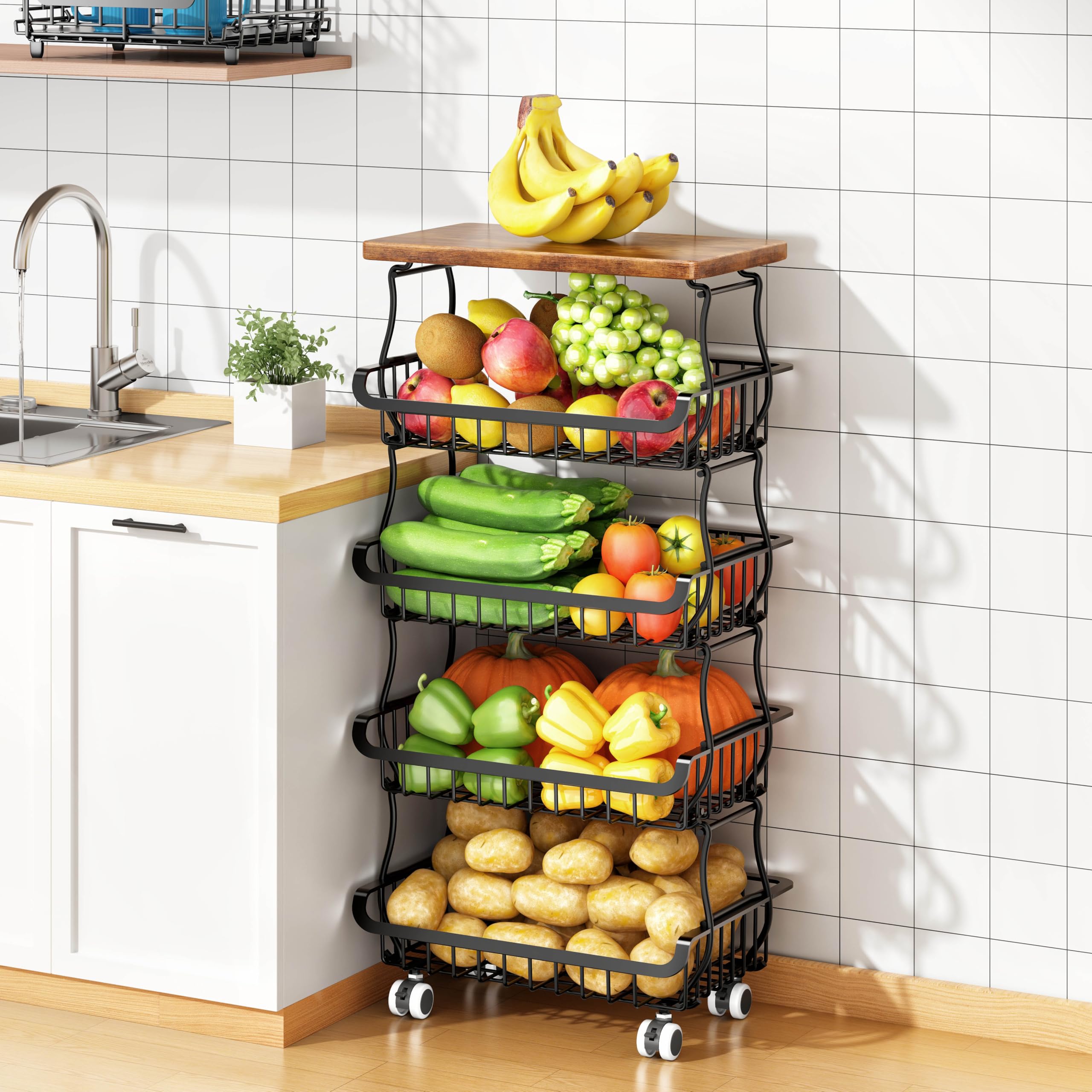 Photo 1 of 5 Tier Vegetable Fruit Basket for Kitchen, Stackable Metal Fruit and Vegetable Storage Baskets with Rolling Wheels Cart, Pantry organizers and storage for Kitchen Bathroom Livingroom Laundry room Cart