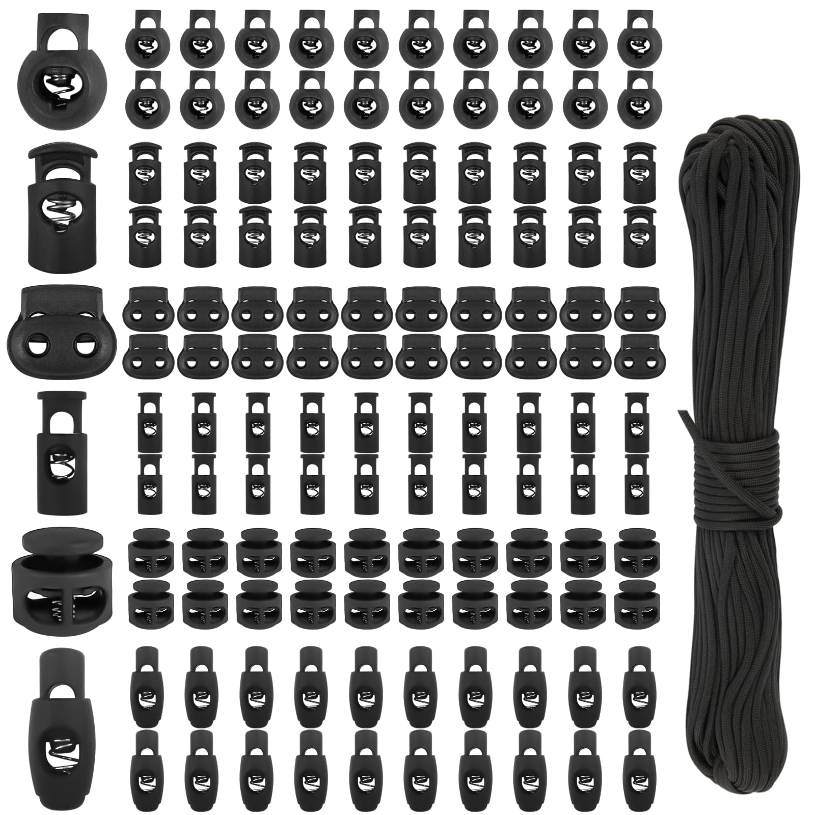 Samulee 120 PCS Toggles for Drawstrings, 3.5mm/4.5mm/5mm/6mm/7mm Cord Locks Set, Drawstrings Cord Locks Set Double Holes Spring Toggle Loaded Plastic Round Cords Ends Stopper Fastener