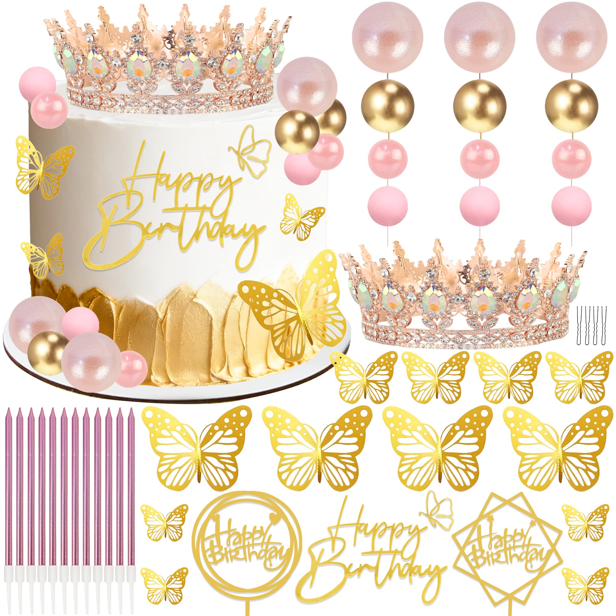 AMZVALU Corona Para Pastel, Crown Cake Topper, 3 Happy Birthday Cake Toppers, Balls Candles Butterflies Cake Decorations, Birthday Crown for Women Queen Princess Party Wedding (Rose Gold, AB)