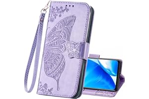 HAOTP Oneplus Nord N200 Case,1+ Nord N200 PU Leather Wallet Flip Protective Phone Case with Wrist Strap Card Slots Holder Pocket Emboss Butterfly Flower Stand Case for Oneplus Nord N200 Lavender