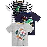 LOKTARC Boys Dinosaur T-Shirts Crewneck Short Sleeve Shirts 3-Pack Toddler Tops